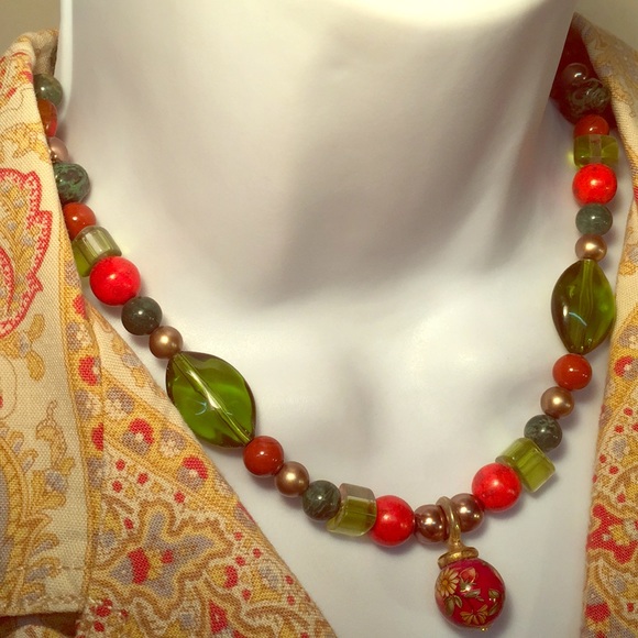 Handmade earth tone ORIGINAL OOAK glass bead adjustable green red Necklace retro - Picture 13 of 16